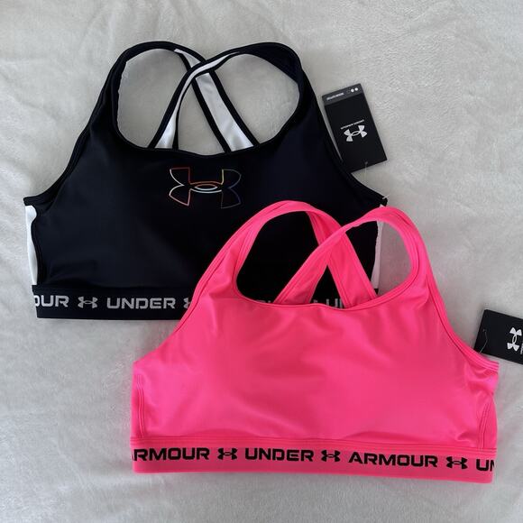 Under Armour Sports Bra Lot Women 2X Cross Back Mid Print Black Pink Compression - Picture 1 of 10